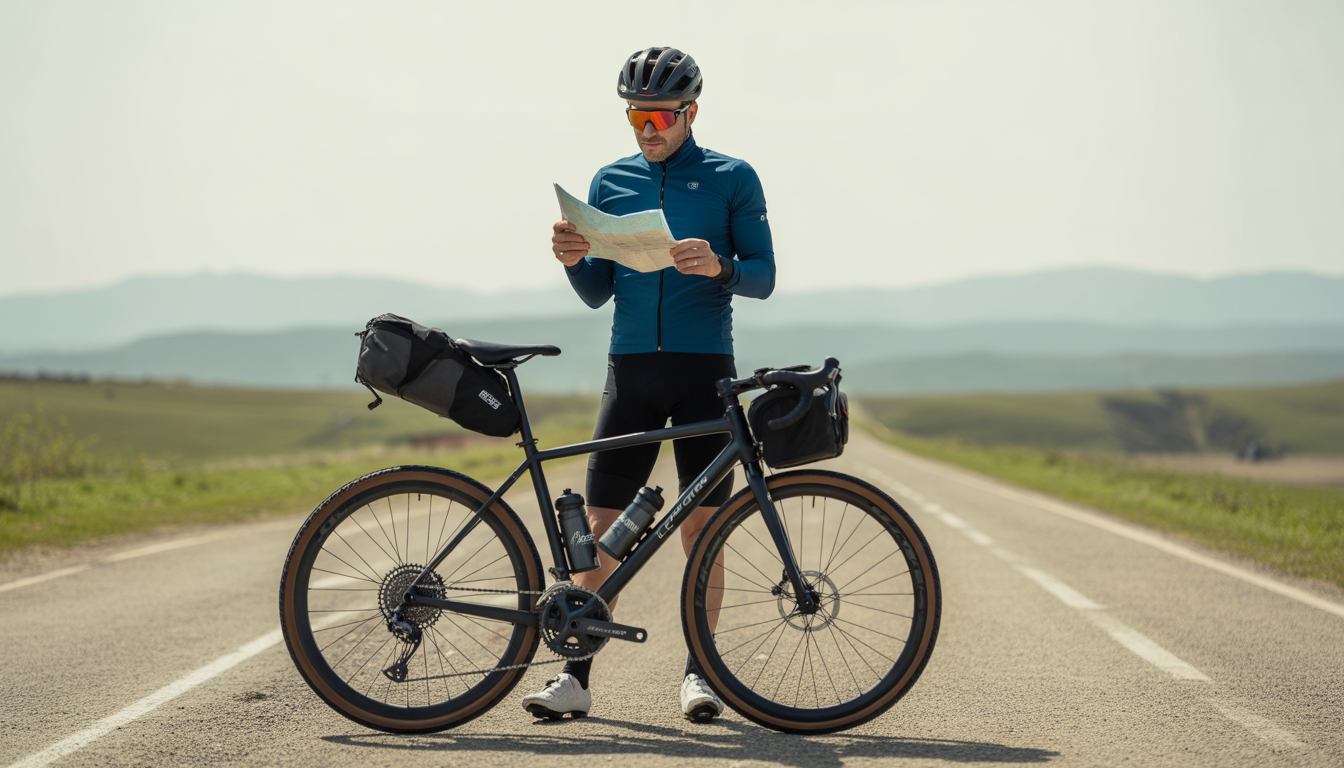 Cycliste debout à côté de son vélo de route avant le départ, vérifiant sa gourde, sa carte et son matériel en extérieur.