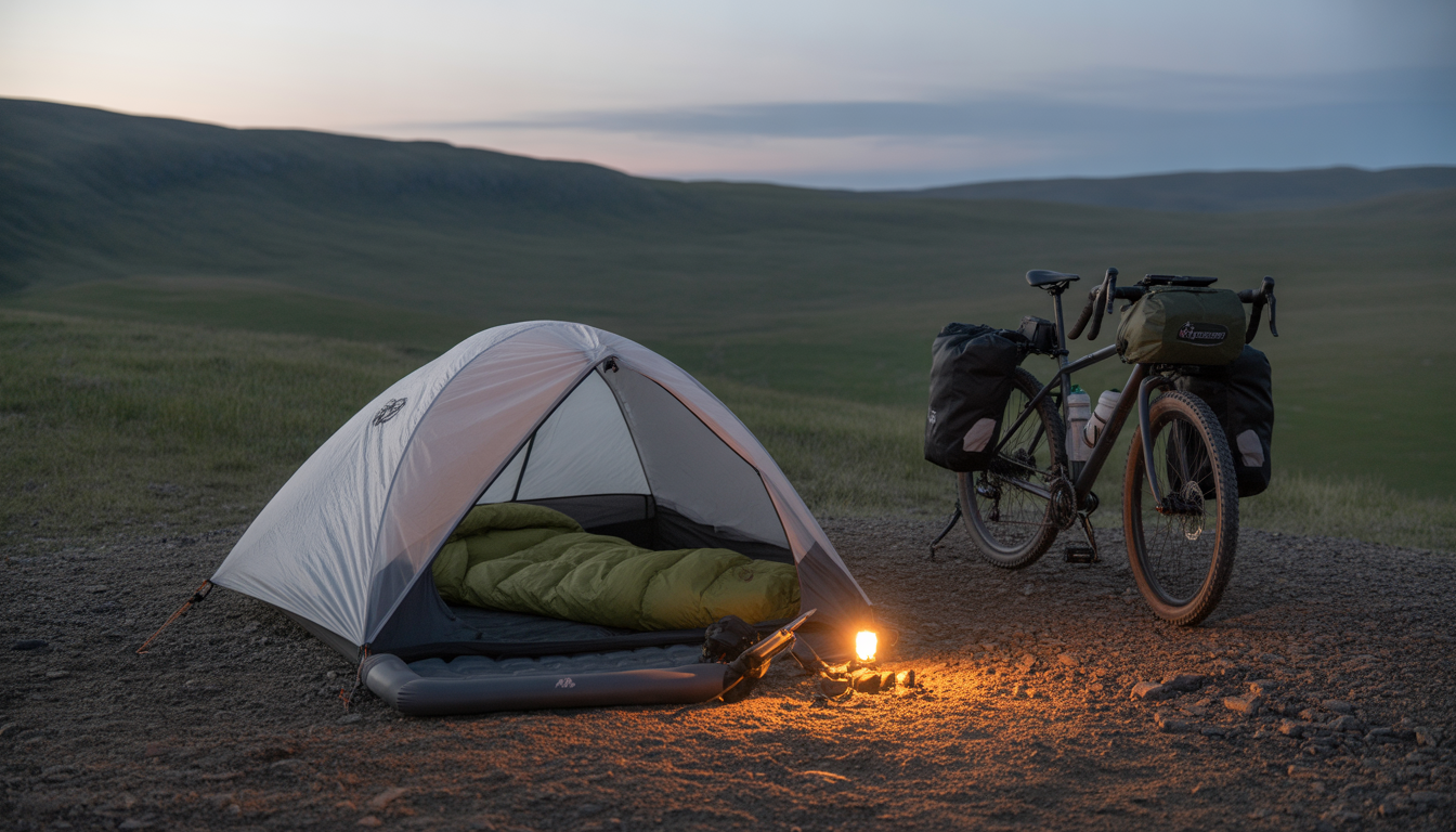 Tente bivouac ultralégère dans un paysage de montagne sauvage au crépuscule, avec un vélo de bikepacking chargé de sacoches, un sac de couchage ouvert sur un matelas gonflable et une lampe allumée.