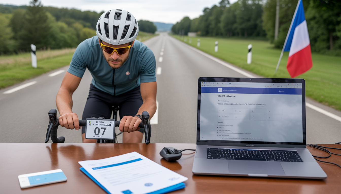 Cycliste fixant une plaque d’immatriculation blanche sur un speed bike électrique, avec ordinateur, documents administratifs et carte d’identité sur une table.