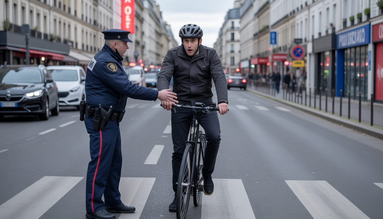 Cycliste surpris recevant une amende d’un policier municipal dans une rue animée de Paris, avec un vélo mal garé sur le trottoir et un feu rouge en arrière-plan.