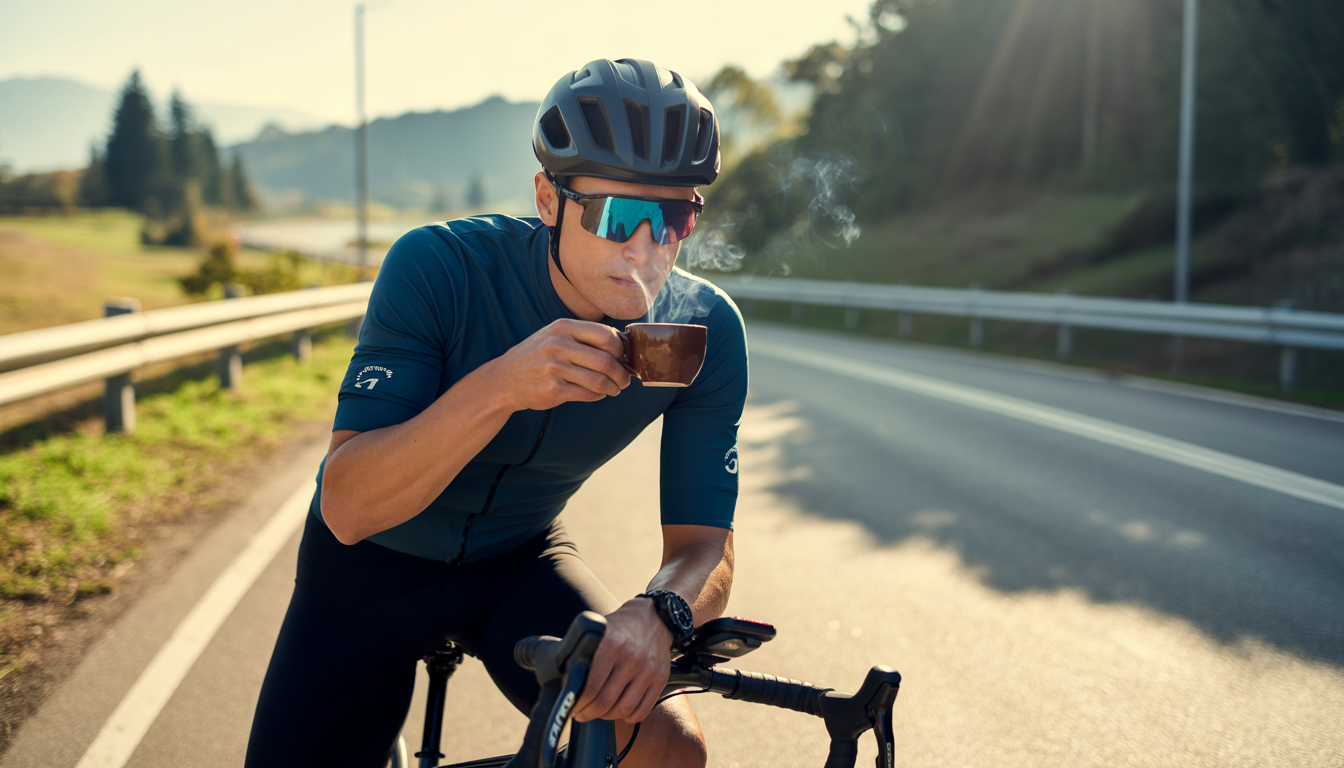 Cycliste en tenue de route tenant une tasse de café fumante près de son vélo, avec une montre floue en arrière-plan.