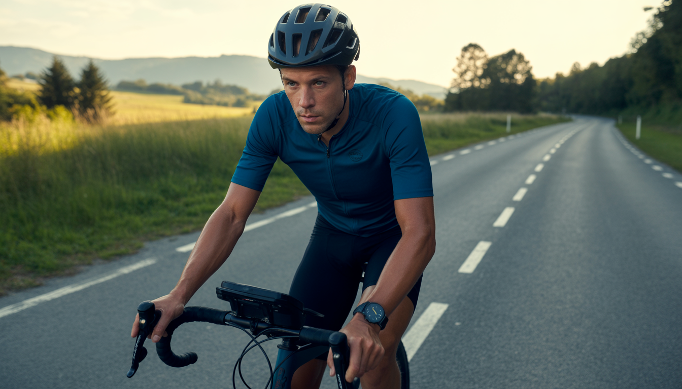 Cycliste en tenue de récupération active pédalant lentement sur une route calme, avec montre de sport visible au poignet.