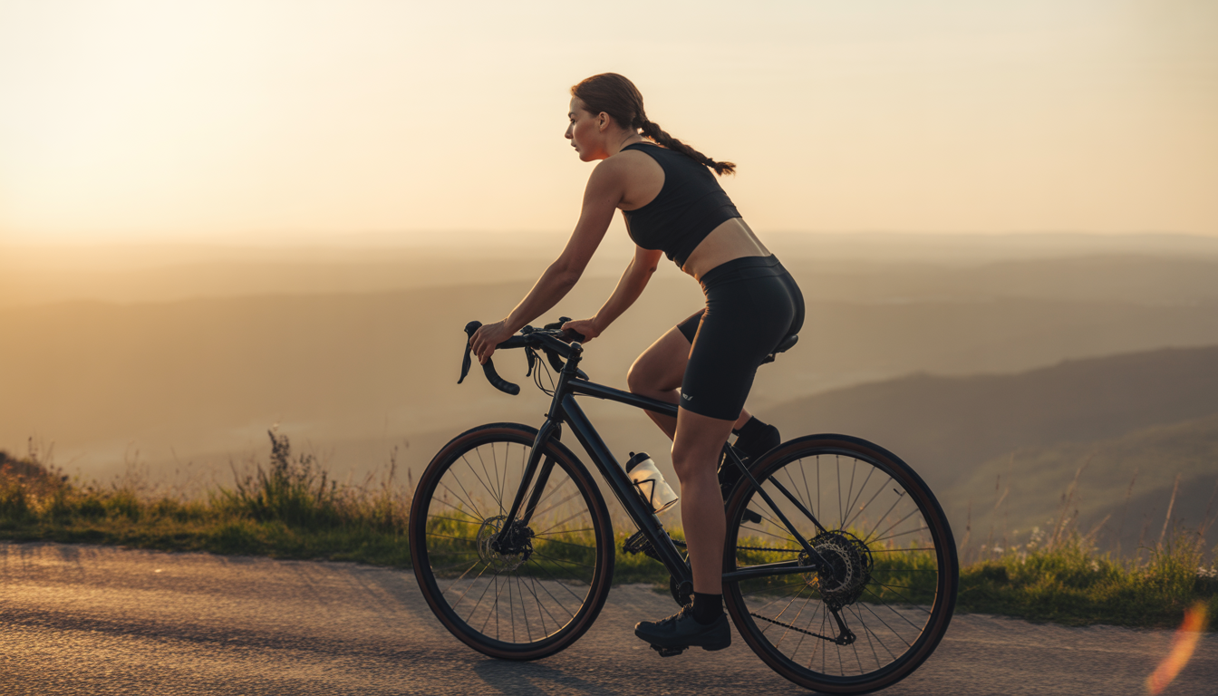 Femme athlétique pédalant intensément sur un vélo de route en pleine nature, avec silhouette tonique, gouttes de sueur et paysage vallonné au coucher du soleil.