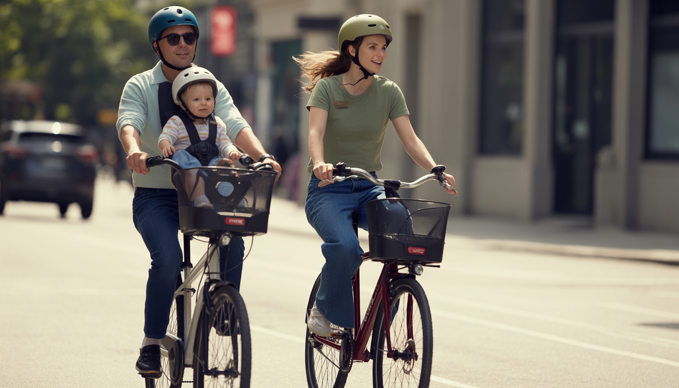 Parent à vélo avec un bébé dans un siège enfant homologué, tous deux portant un casque, dans un cadre urbain lumineux et sécurisé.