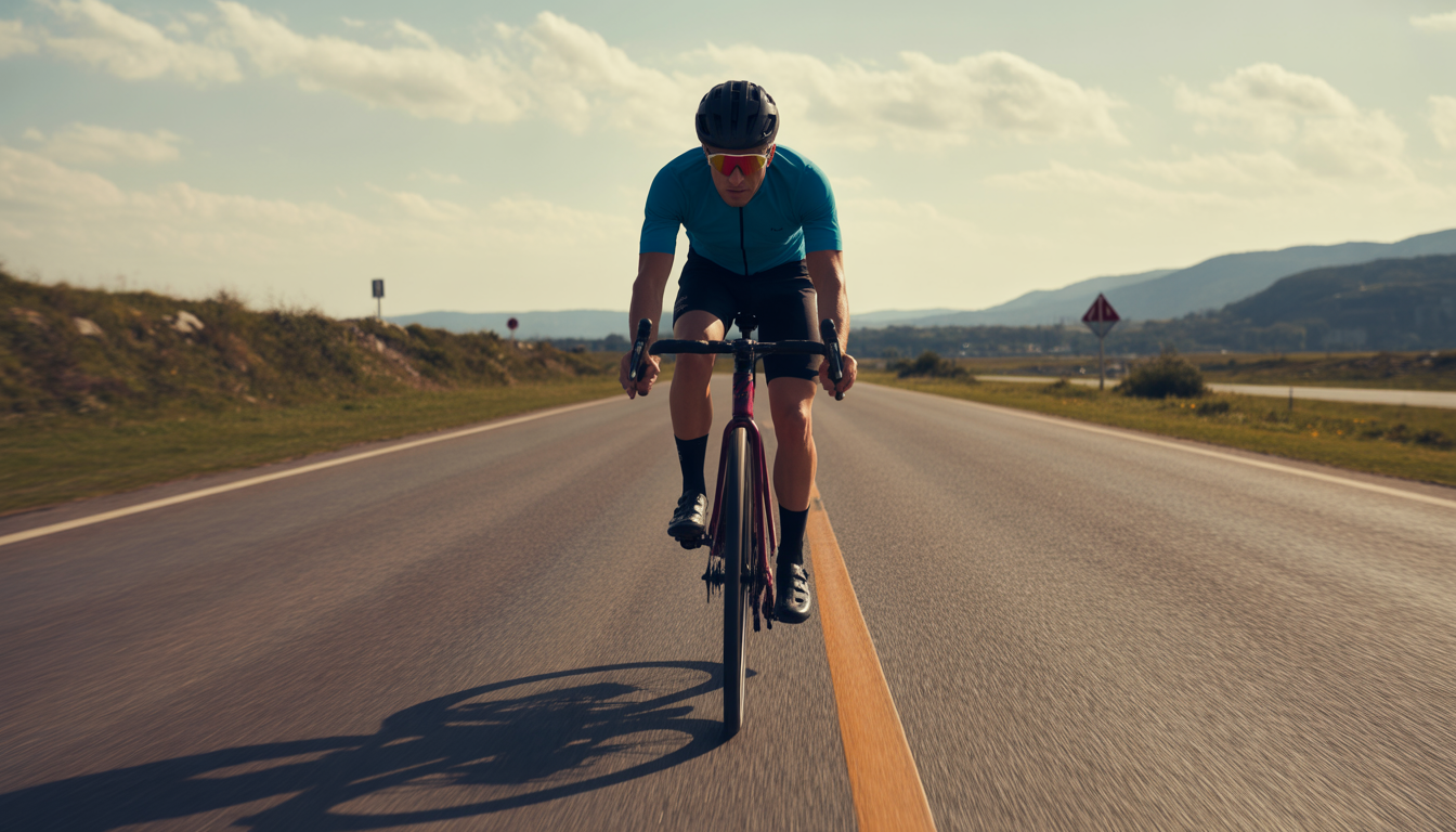 Cycliste en position aérodynamique sur un vélo de route, dos légèrement incliné, bras fléchis, roulant sur une route dégagée en extérieur.