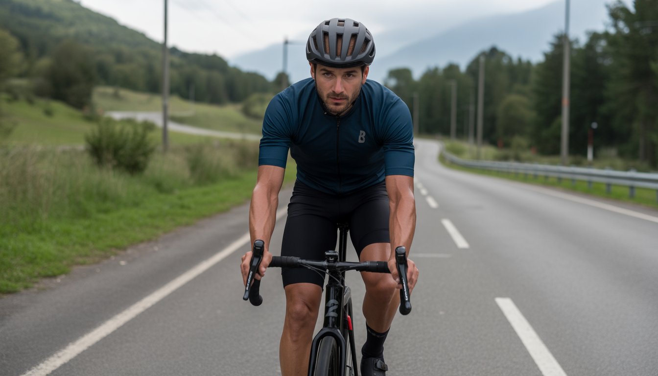 Erreurs équipement cyclisme Cycliste en plein entraînement sur une route extérieure, portant un casque mal ajusté, des vêtements inadaptés et roulant sur un vélo mal réglé.