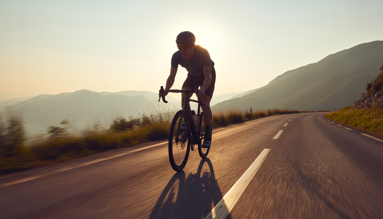 Cycliste en plein effort sur une route dégagée au lever du soleil, avec lumière dorée et arrière-plan montagneux flou.