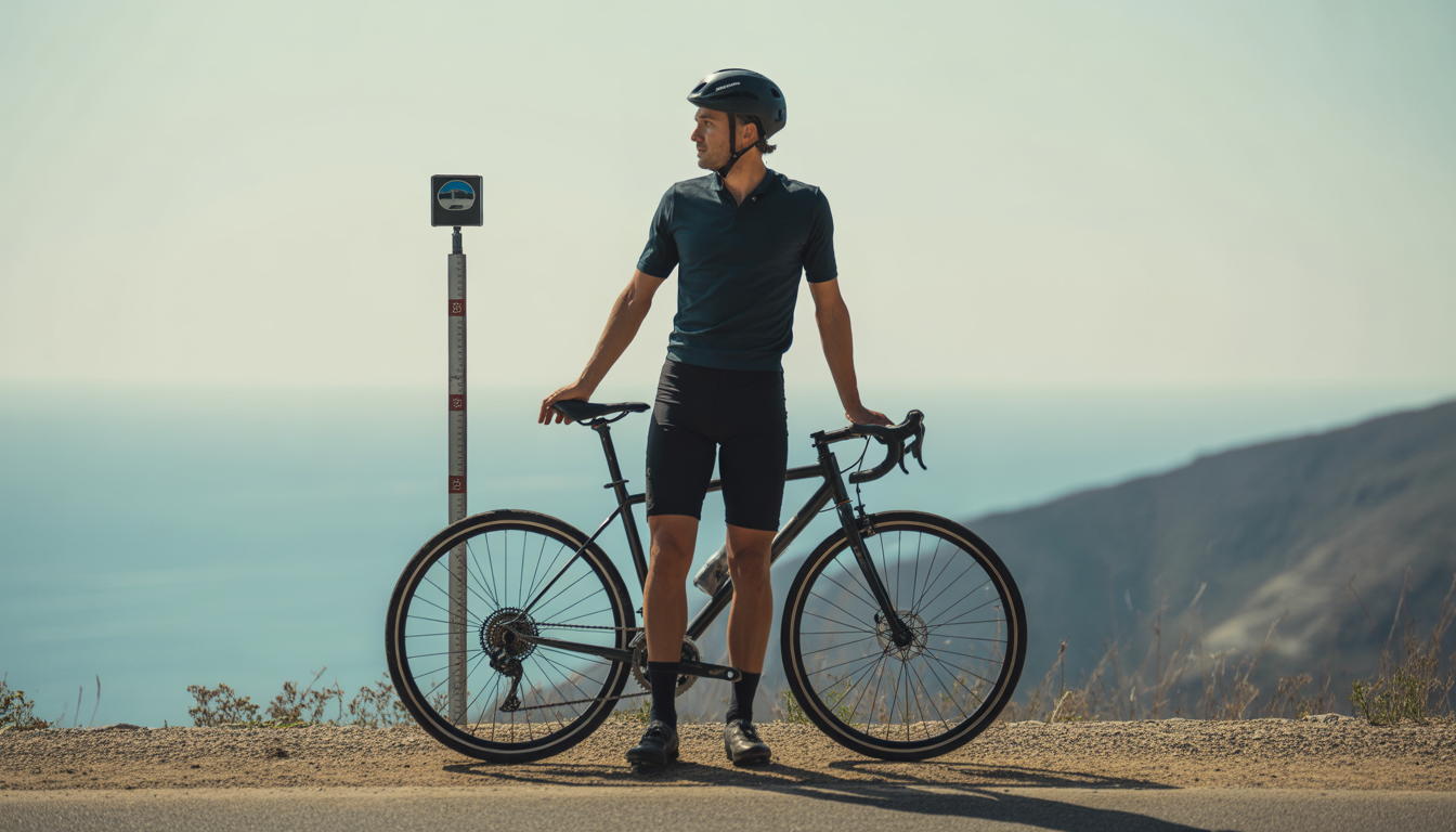 Comment choisir taille vélo parfaite Cycliste debout à côté d’un vélo utilisant un mètre ruban pour mesurer l’entrejambe, en photoréalisme avec lumière naturelle.