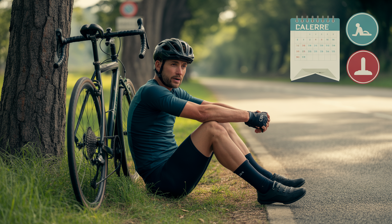 comment éviter surentraînement vélo Cycliste épuisé assis au bord de la route avec son vélo contre un arbre, en lumière naturelle douce, avec sueur sur le front et expression fatiguée.