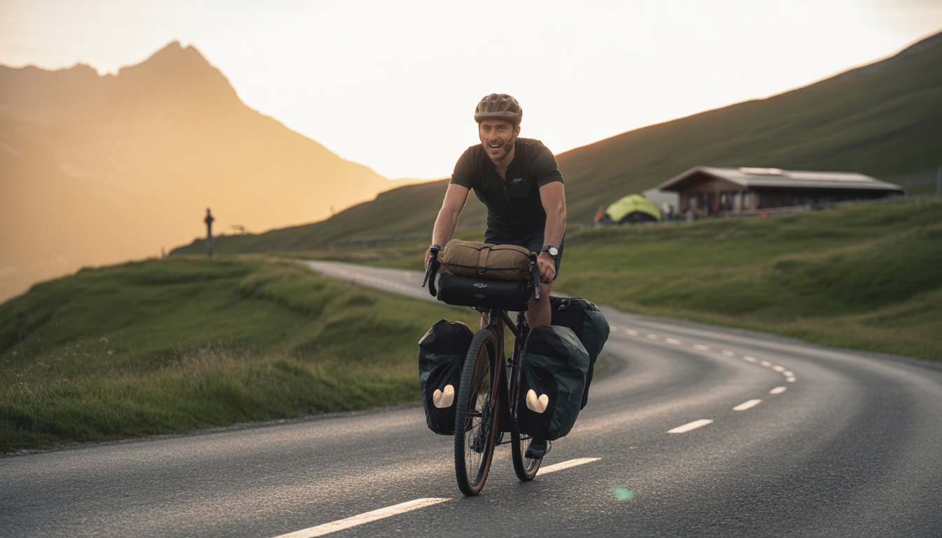 Cyclotouriste souriant pédalant sur une route sinueuse de montagne au lever du soleil, avec vélo chargé de sacoches étanches et paysage alpin doré.