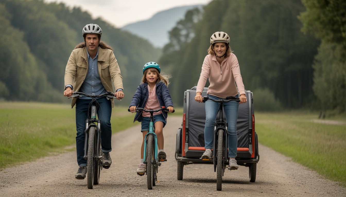 Famille composée de parents et d’enfants en voyage à vélo sur une piste cyclable en pleine nature, avec casques, sacoches étanches, remorque et matériel de camping.