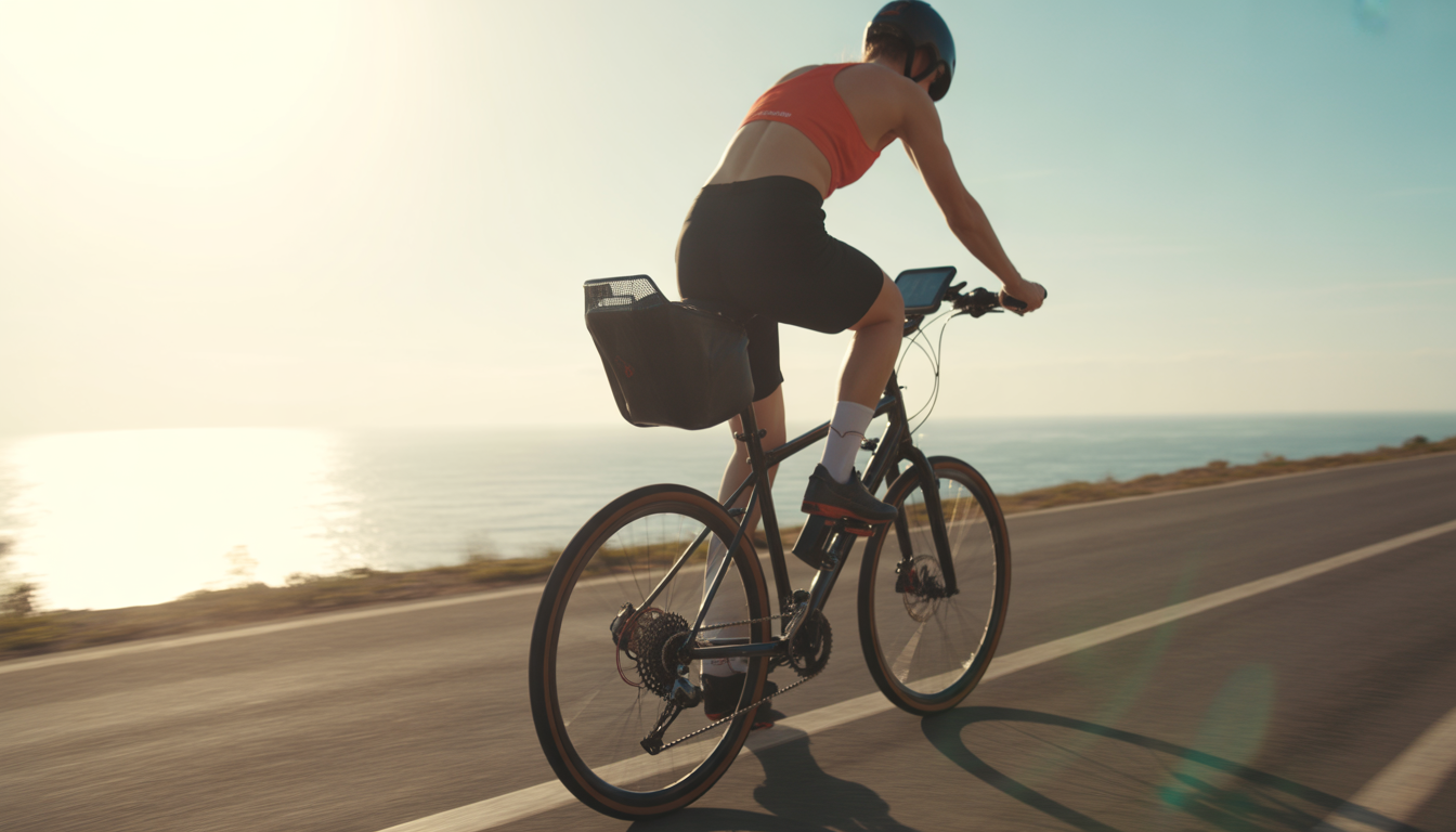 Personne en tenue de sport pédalant sur un vélo en extérieur avec compteur de distance visible, sous une lumière naturelle.
