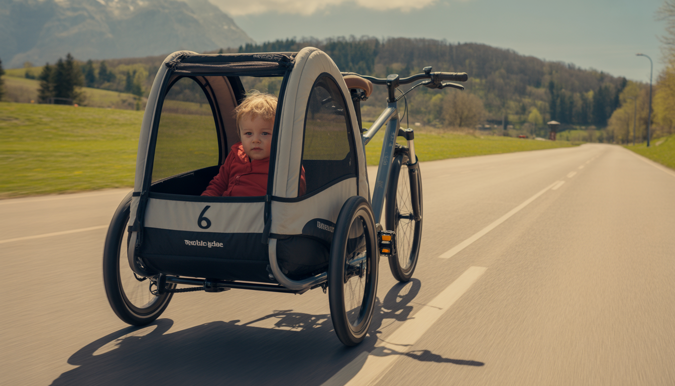 Remorque vélo enfant moderne attachée à un vélo, avec un enfant casqué à l’intérieur sur une piste cyclable en plein air.