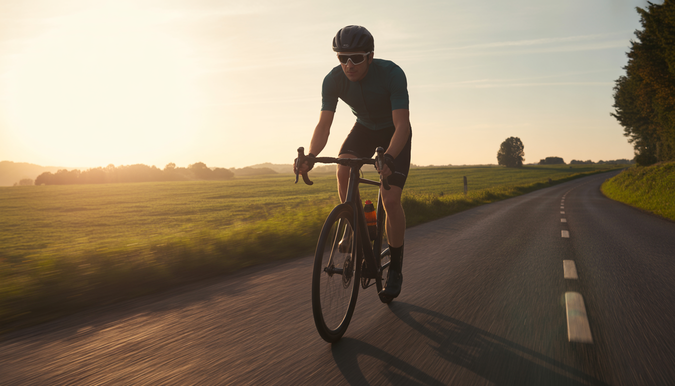Cycliste en tenue de route roulant sur une route de campagne au lever du soleil, dans une lumière dorée et dynamique.