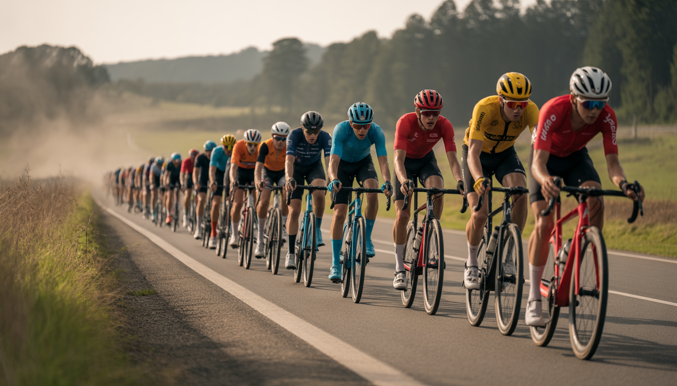 Peloton de cyclistes en course formant un éventail sur route ouverte sous un vent latéral, avec poussière, mouvement et lumière naturelle dramatique.