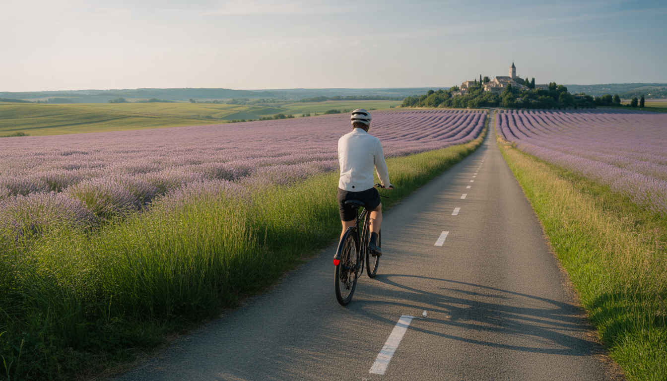 Cycliste seul sur une voie verte paisible à travers la campagne française, avec champs de lavande en fleurs et village perché au loin.