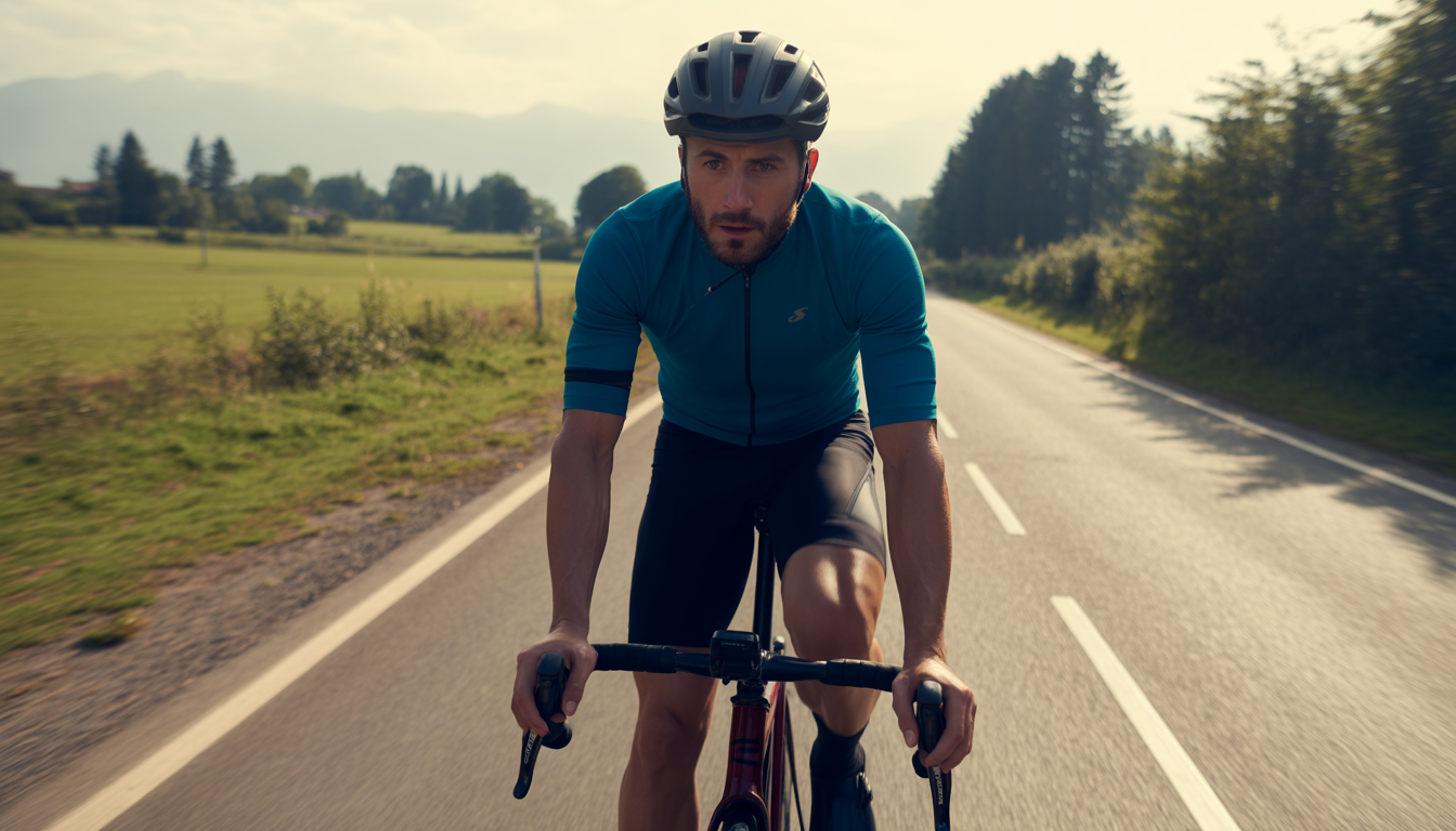 Cycliste en tenue de sport sur un vélo de route, roulant à allure modérée sur une route tranquille, avec casque et expression concentrée.