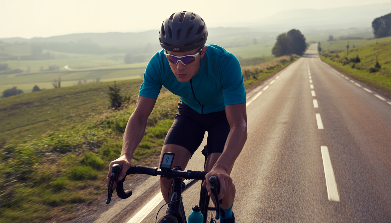Cycliste en plein effort sur une route de campagne, compteur GPS visible au guidon, dans une ambiance réaliste et sportive.