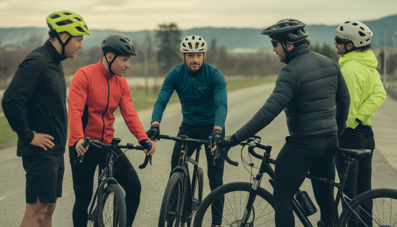 Une équipe de cyclistes en extérieur réunie autour d’une carte de parcours, avec casques, vélos alignés et un responsable montrant l’itinéraire.