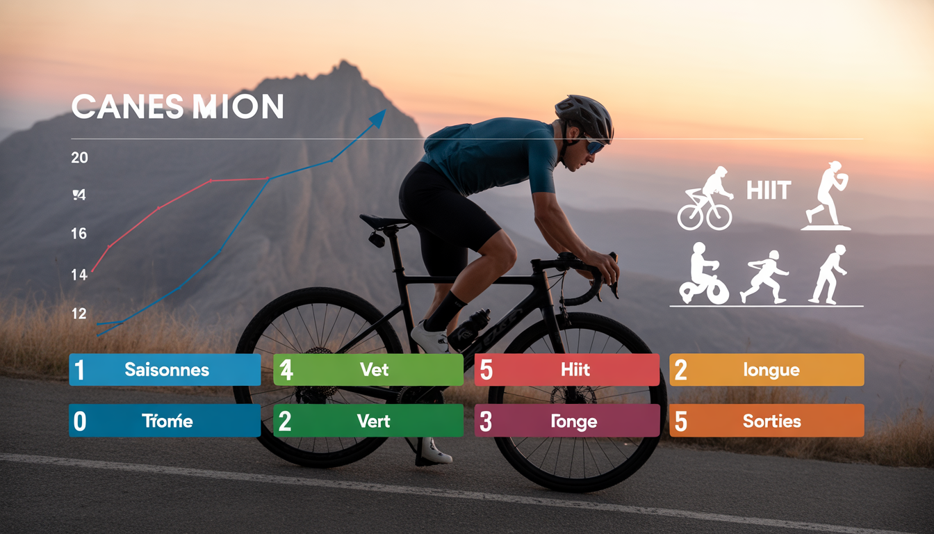 Cycliste gravissant une montagne avec phases saisonnières colorées, icônes d’entraînement HIIT et longues sorties, et courbe de performance ascendante en arrière-plan.