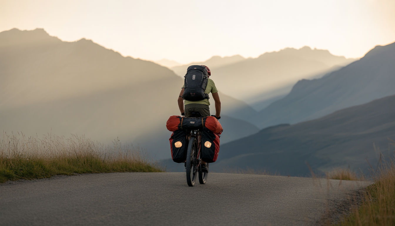 Top destinations bikepacking Europe Bikepackeur solitaire traversant les Alpes au coucher du soleil sur une piste cyclable sinueuse, avec vélo chargé de sacoches et montagnes en lumière dorée.