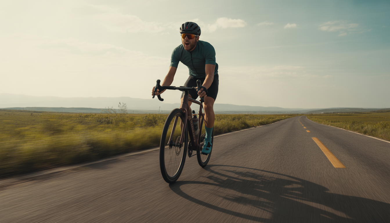 Comment éviter crampes vélo Cycliste en plein effort sur route avec vélo de route en mouvement, bouteille d’eau et aliments riches en minéraux visibles.