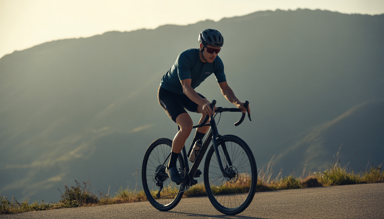 Cycliste en tenue de sport réalisant un échauffement dynamique en extérieur avant une sortie vélo, mobilisant les jambes et les bras sous une lumière naturelle.