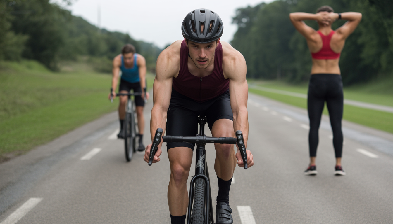 Cycliste en posture de pédalage idéale, buste penché vers l’avant, menton légèrement rentré, épaules relâchées, avec un guidon légèrement relevé et une selle horizontale.