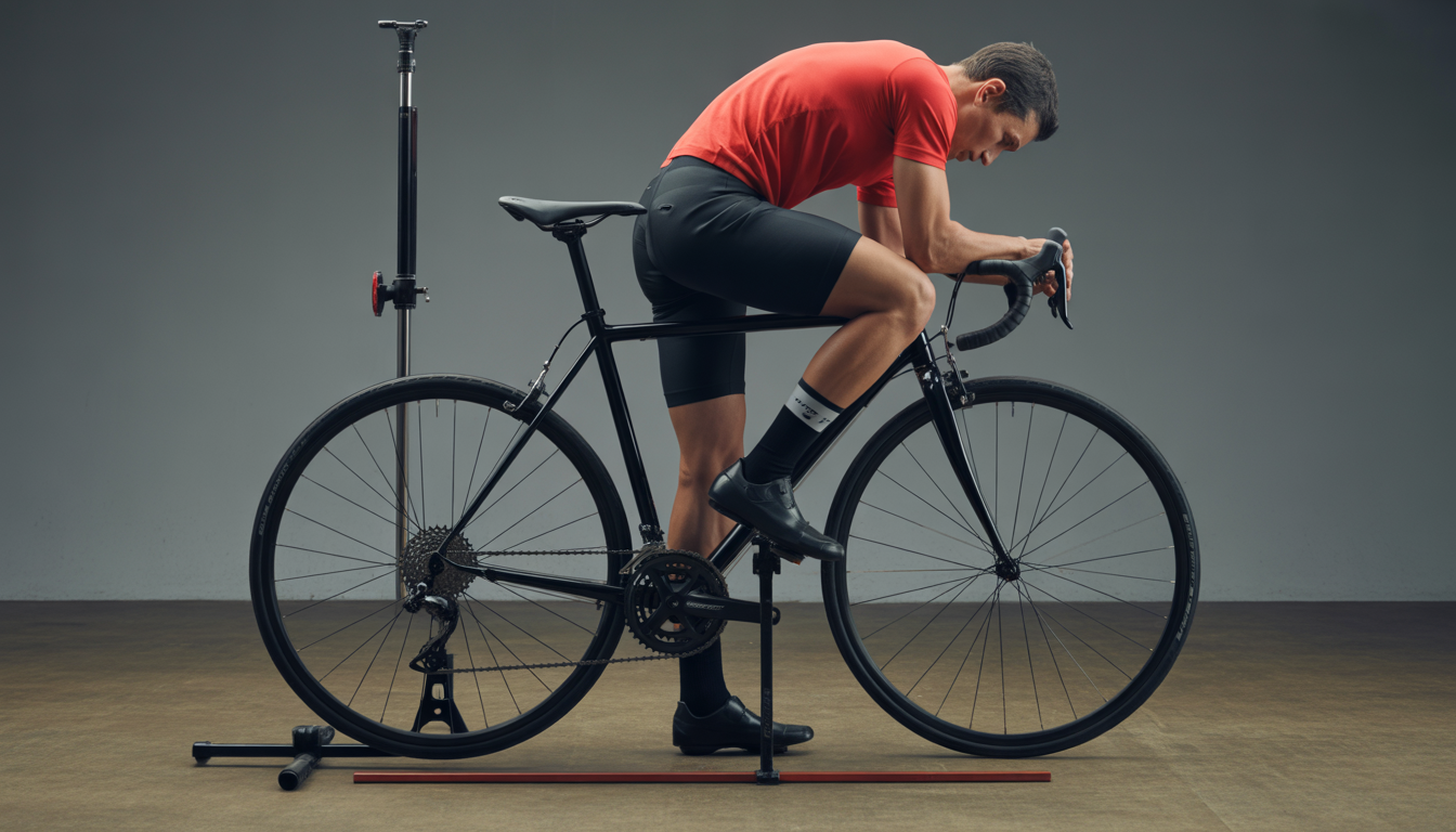Cycliste assis sur un vélo de route ajustant le recul de selle avec un fil à plomb, en studio de bike fit.