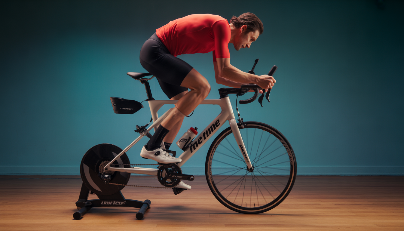 Cycliste réalisant un test CP20 de 20 minutes sur home trainer, avec compteur de puissance et capteur visibles sur le guidon.