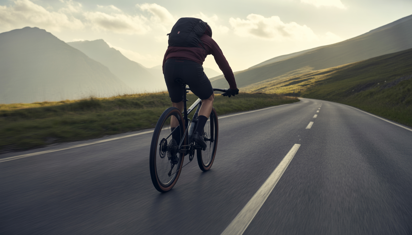 Cycliste sur route de montagne avec gros plan sur la transmission du vélo, plateaux et cassette visibles, route sinueuse en arrière-plan.