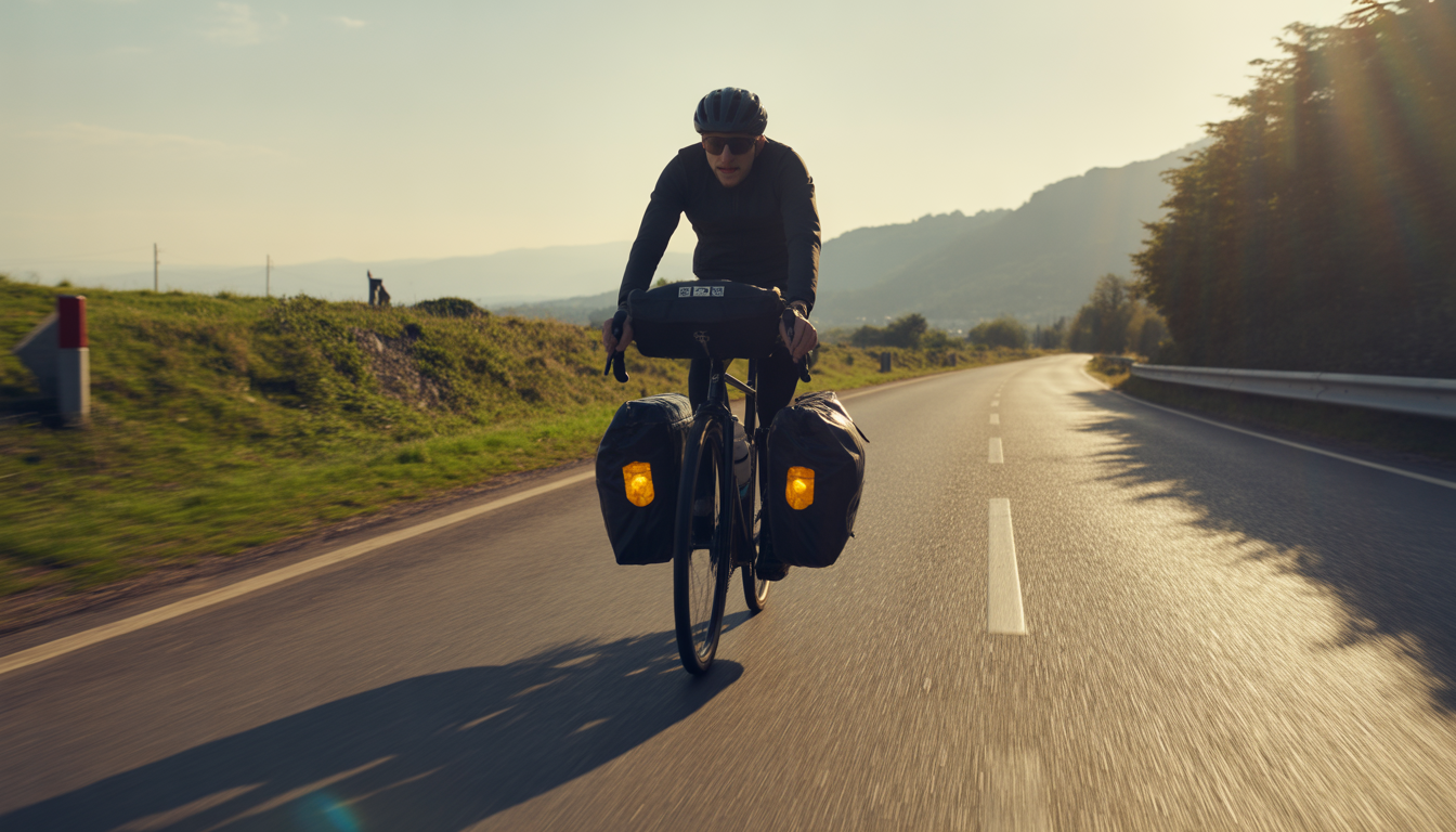 Cycliste en pleine sortie longue sur route avec bidons, barres énergétiques et sacoche de cadre visibles sur le vélo.