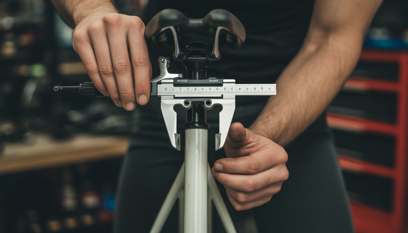 Réglage hauteur selle précision mm Cycliste ajustant la hauteur de la selle d’un vélo avec un pied à coulisse dans un atelier, en gros plan photoréaliste.