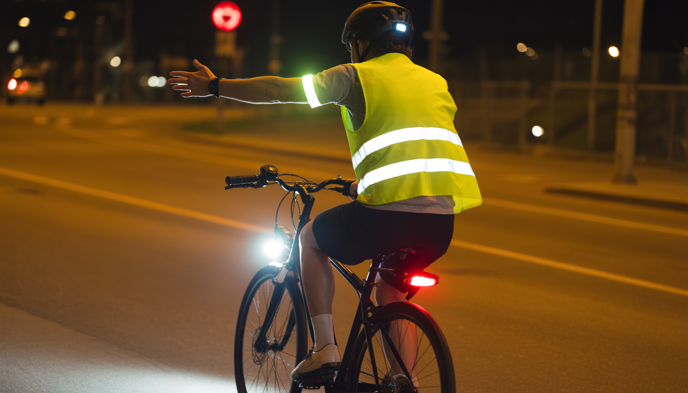 Cycliste roulant de nuit sur une route bien éclairée, portant un gilet fluorescent jaune et des brassards lumineux, avec phare blanc puissant et feu arrière rouge clignotant, bras tendu pour signaler un virage.