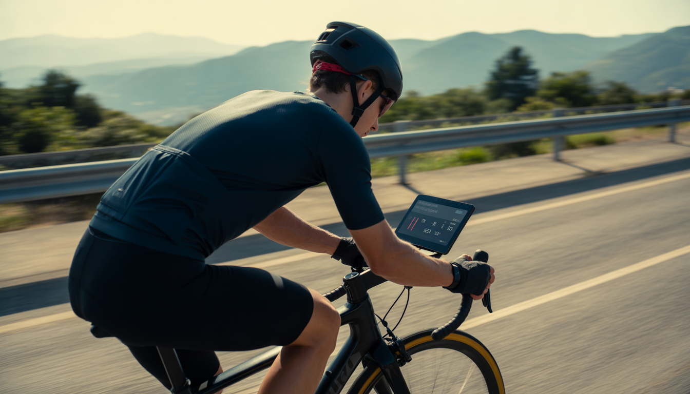 Cycliste en tenue sportive consultant un tableau de bord numérique avec ses données de vitesse, cadence, fréquence cardiaque et puissance.