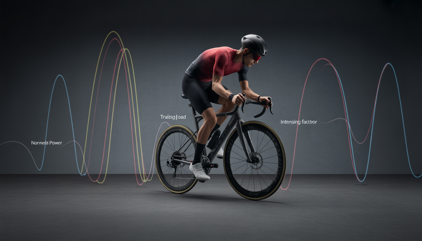 Concept de performance cycliste avec trois piliers liés représentant la charge d’entraînement, le facteur d’intensité et la puissance normalisée, sur fond sombre.