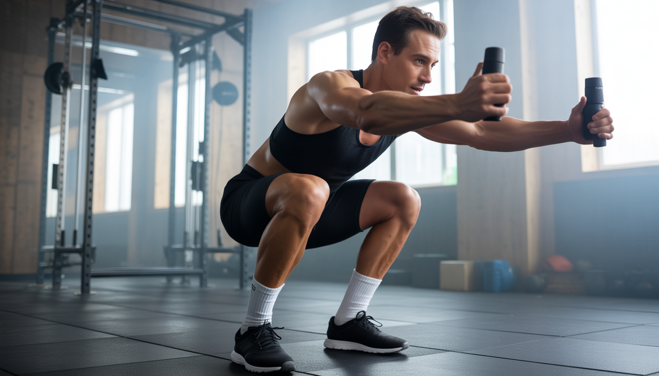 Cycliste en tenue de sport réalisant des squats, du gainage et des fentes dans une salle d’entraînement moderne et lumineuse.