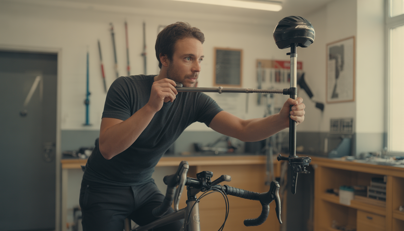 Cycliste réglant la longueur de la potence de son vélo avec une clé Allen, en gros plan dans un atelier propre et lumineux, avec le guidon et la fourche visibles.