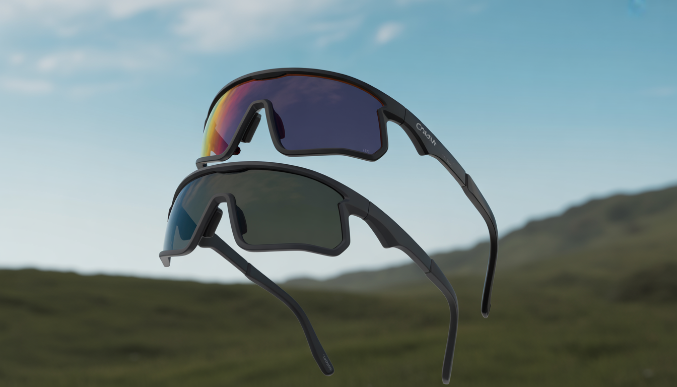 lunettes vélo catégorie filtre choix Verres teintés interchangeables pour lunettes de cyclisme, présentés en photographie produit photoréaliste sur fond extérieur propre.