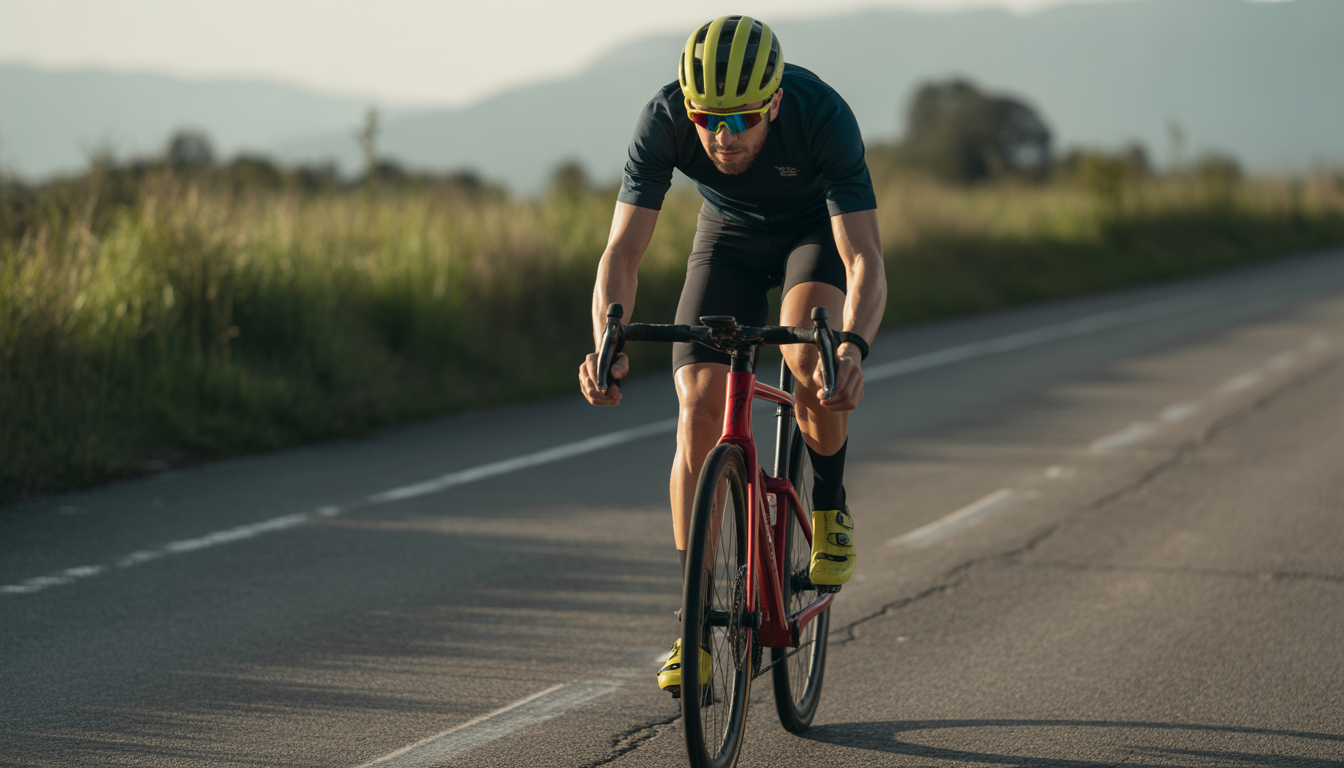 Cycliste en pleine course avec gels énergétiques, gourde, banane et plan de ravitaillement au premier plan, en extérieur.