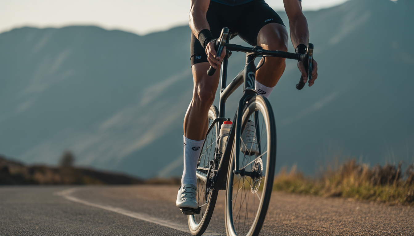 Chaussettes cyclisme compression utile Cycliste en action portant des chaussettes de compression, avec focus sur le mollet dans une photographie sportive réaliste.