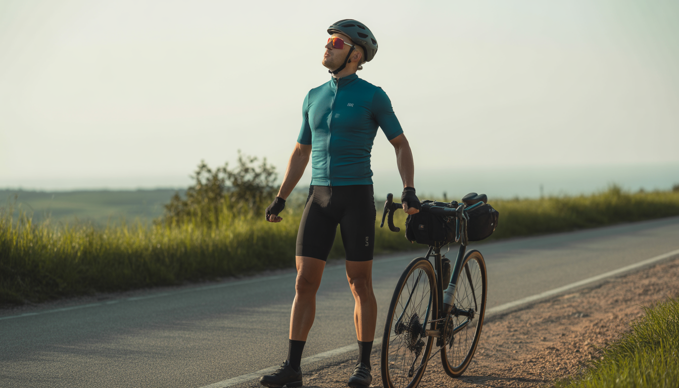 Retour au calme après vélo Cycliste au bord d’un chemin en posture de récupération, respirant profondément avec son vélo posé à côté, dans un paysage calme et lumineux.