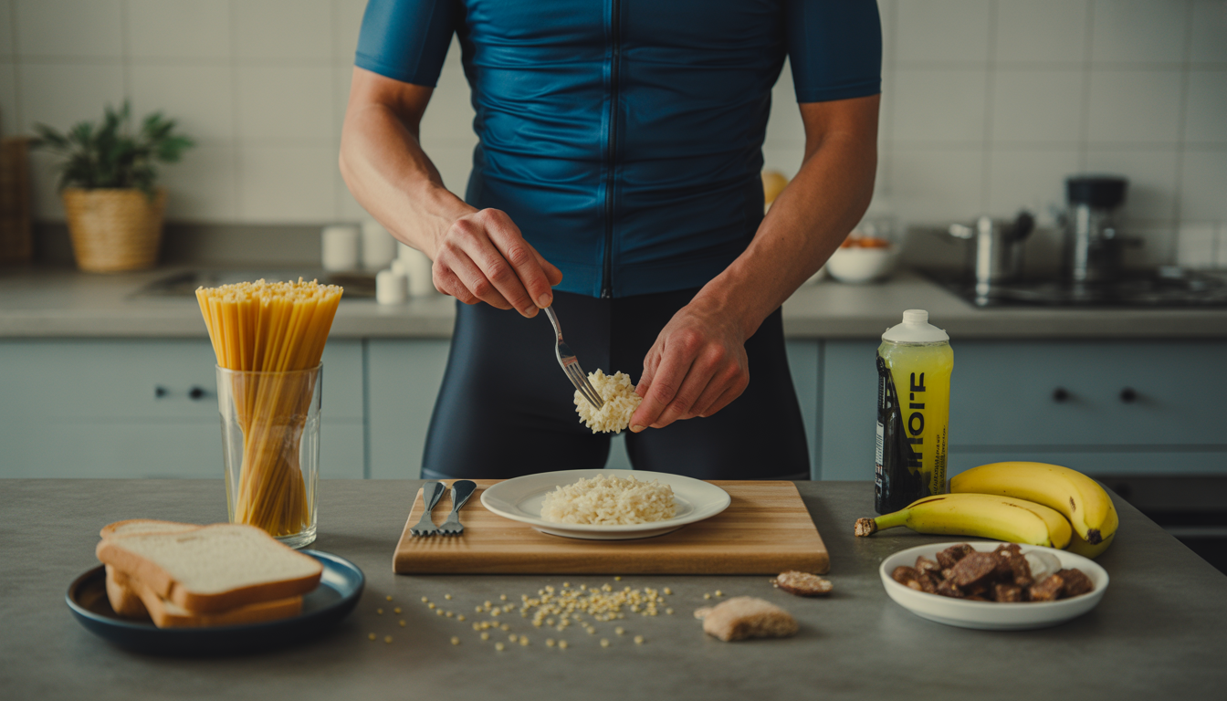 Charge glucidique avant course vélo Cycliste préparant un repas pré-course avec pâtes, riz, pain blanc, banane et boisson énergétique sur une table de cuisine.