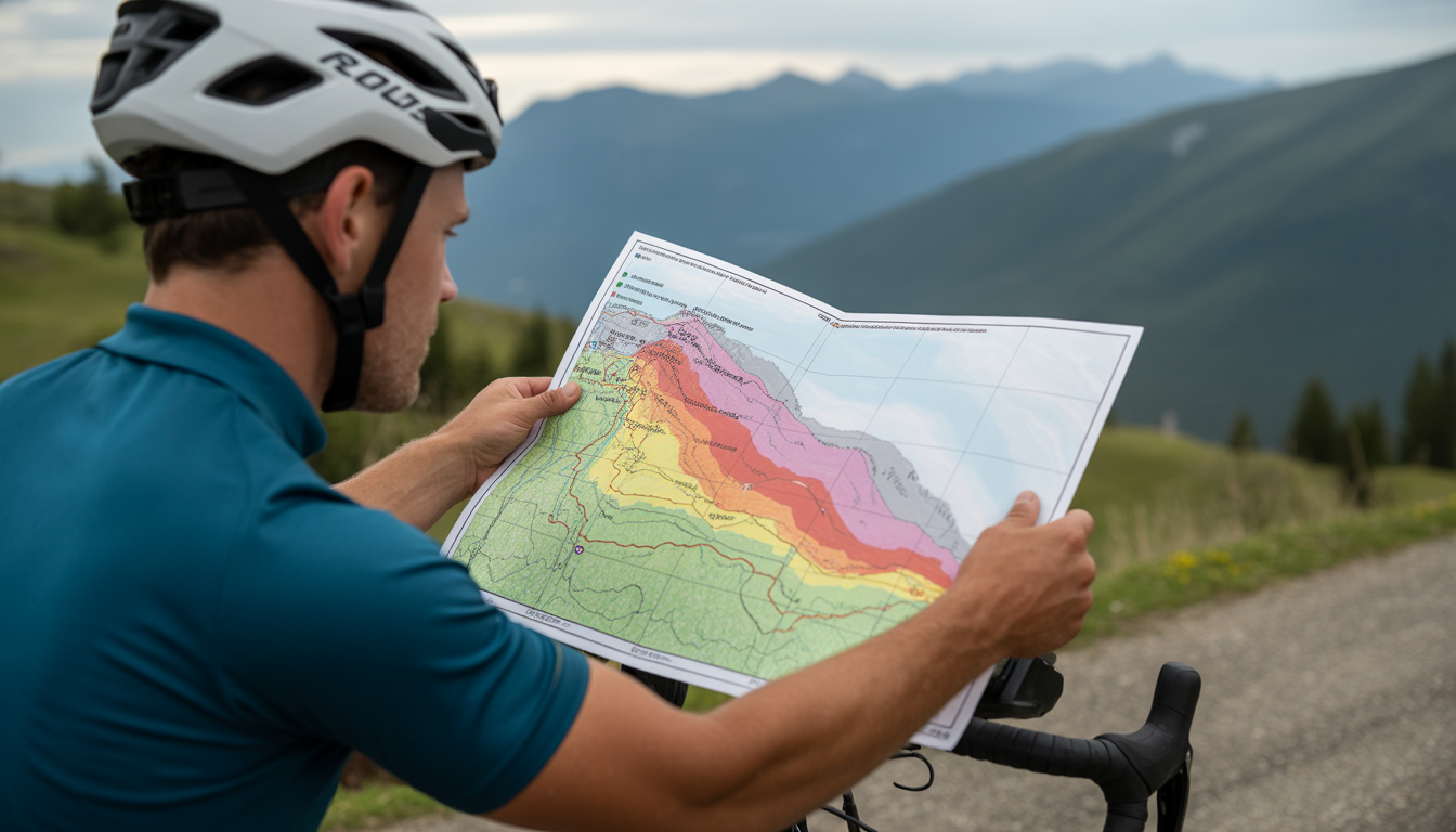 Cycliste consultant une carte détaillée avec profil d’élévation coloré d’un itinéraire vélo, montrant les montées et descentes.