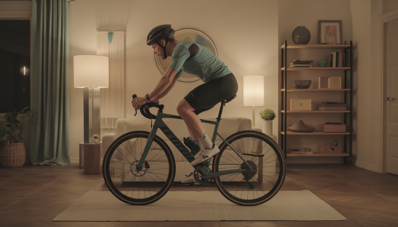 Cycliste en tenue de sport faisant du gainage et des squats à la maison, dans un intérieur moderne lumineux.