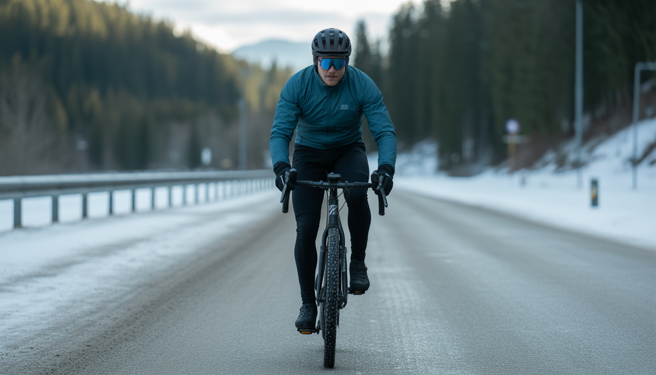 rouler par temps froid vélo équipement Cycliste en tenue hivernale roulant sur une route enneigée, avec veste thermique, gants, bonnet sous casque et sur-chaussures.