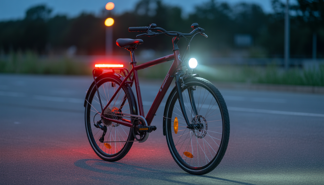 Angle éclairage vélo réglementation Bicyclette de nuit conforme à la réglementation française avec feu avant blanc, feu arrière rouge et catadioptres orange visibles.