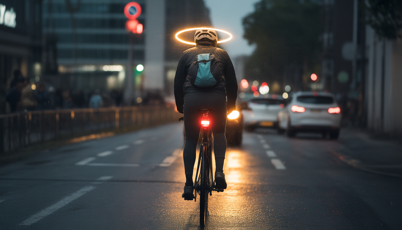 Choisir éclairage arrière visibilité Cycliste de nuit sous la pluie avec éclairage arrière allumé, dans une scène urbaine réaliste à faible luminosité.