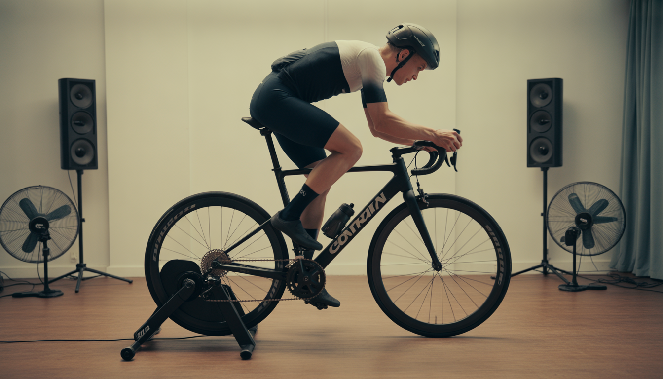 Cycliste sprintant sur un home trainer intelligent pendant un test FTP de 20 minutes, avec capteurs de puissance, compteur connecté et ventilateurs en arrière-plan.
