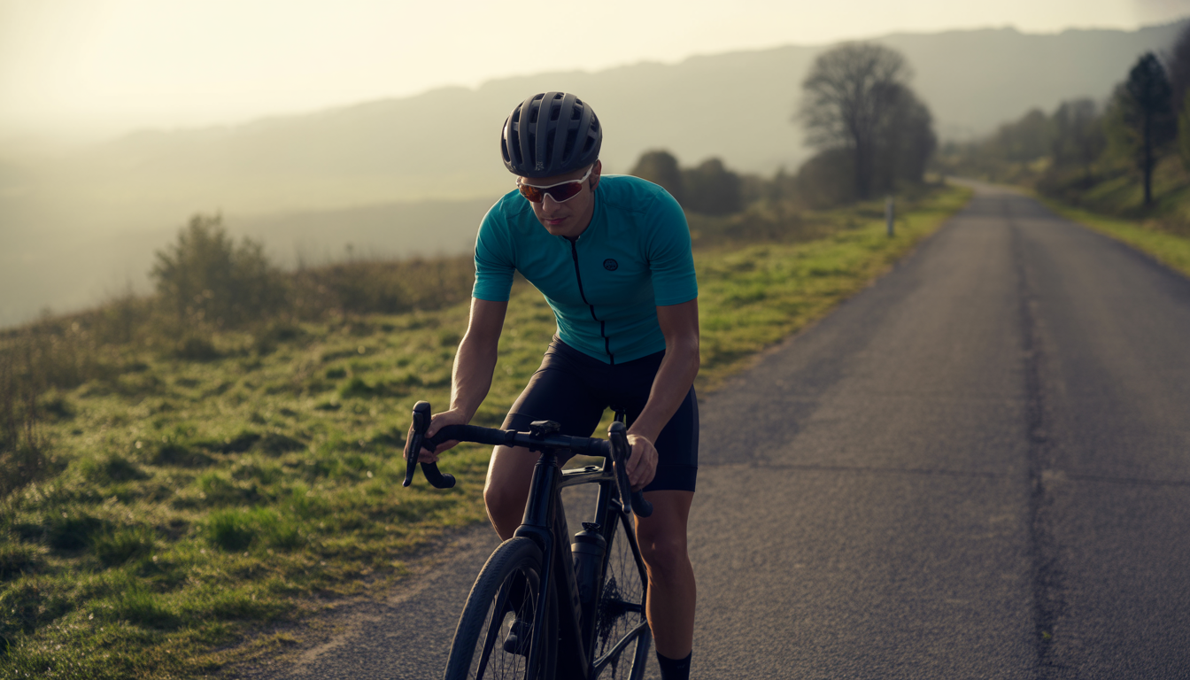 Cycliste ajustant son vélo au petit matin avec casque, gourdes et tenue de cyclisme, sur une route vallonnée sous la lumière douce de l’aube.